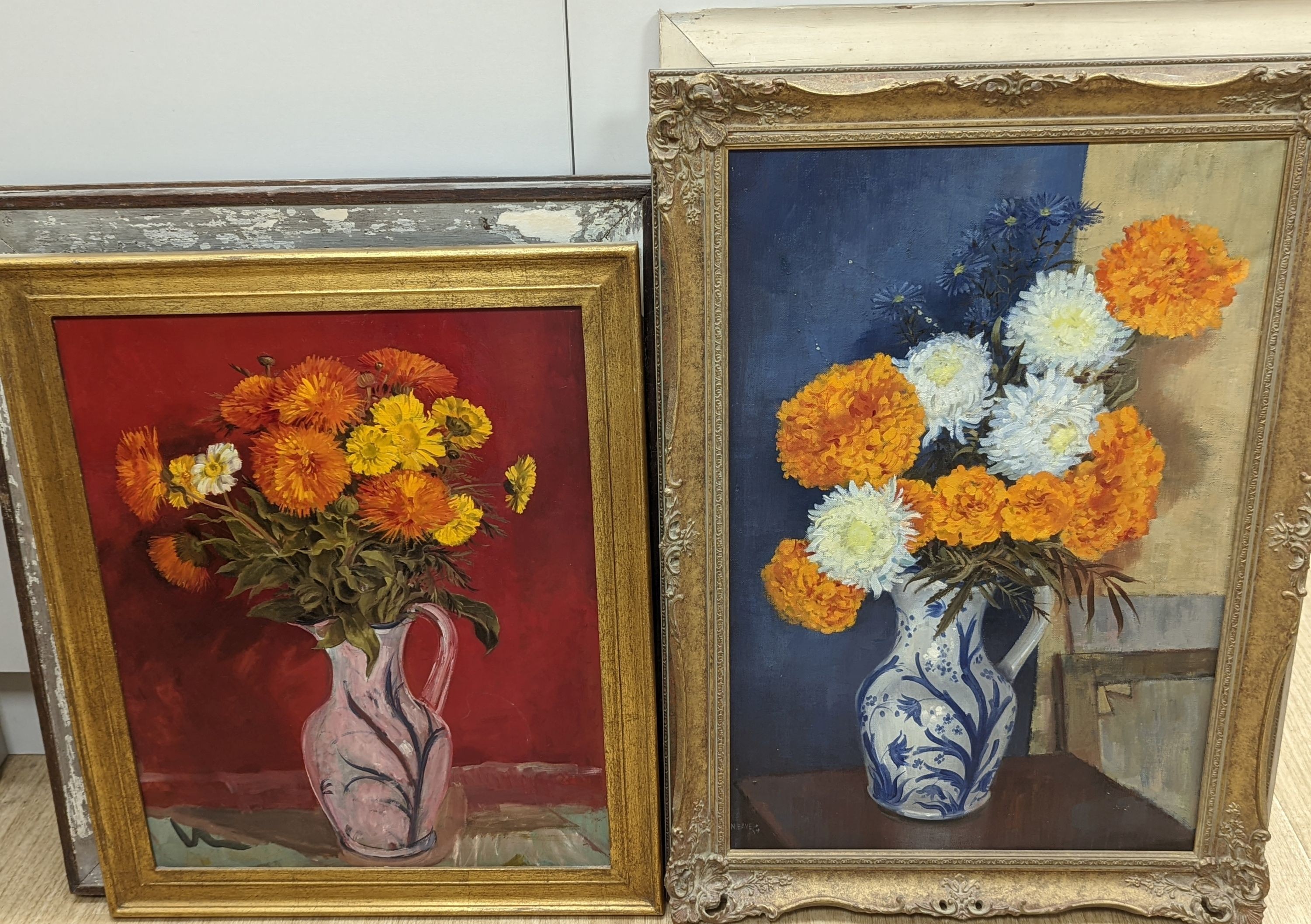 Henry James Neave, five assorted oil still lifes, mostly flowers in vases, one signed, largest 60 x 40cm